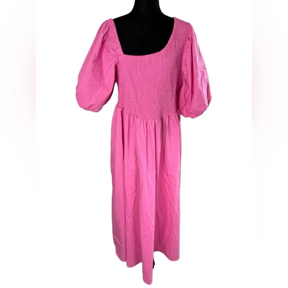 Eloquii Vibrant Barbie Pink Smocked Asymmetric Neck Maxi Dress - Picture 9 of 16